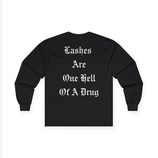 Long Sleeve Tee — 'Lashes Are One Hell Of A Drug' Graphic Eyelash Top