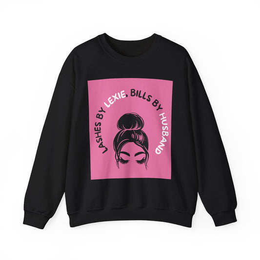 Crewneck Sweatshirt — 'Lashes by Lexie, Bills by Husband' Pink Graphic Crewneck