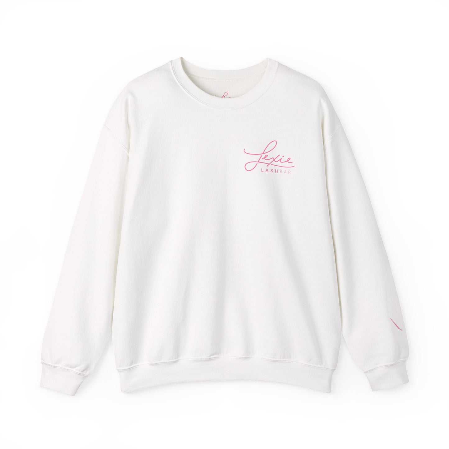 Lashbar Logo Crewneck Sweatshirt — White with Pink "Lexie Lashbar" Script