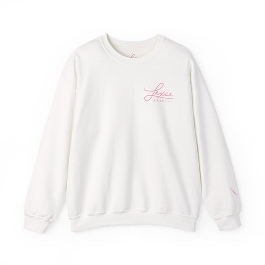 Lashbar Logo Crewneck Sweatshirt — White with Pink "Lexie Lashbar" Script