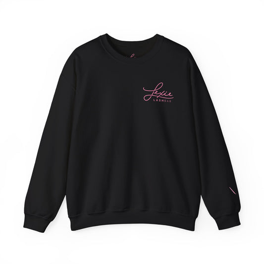 Lashbar Logo Crewneck Sweatshirt — White with Pink "Lexie Lashbar" Script