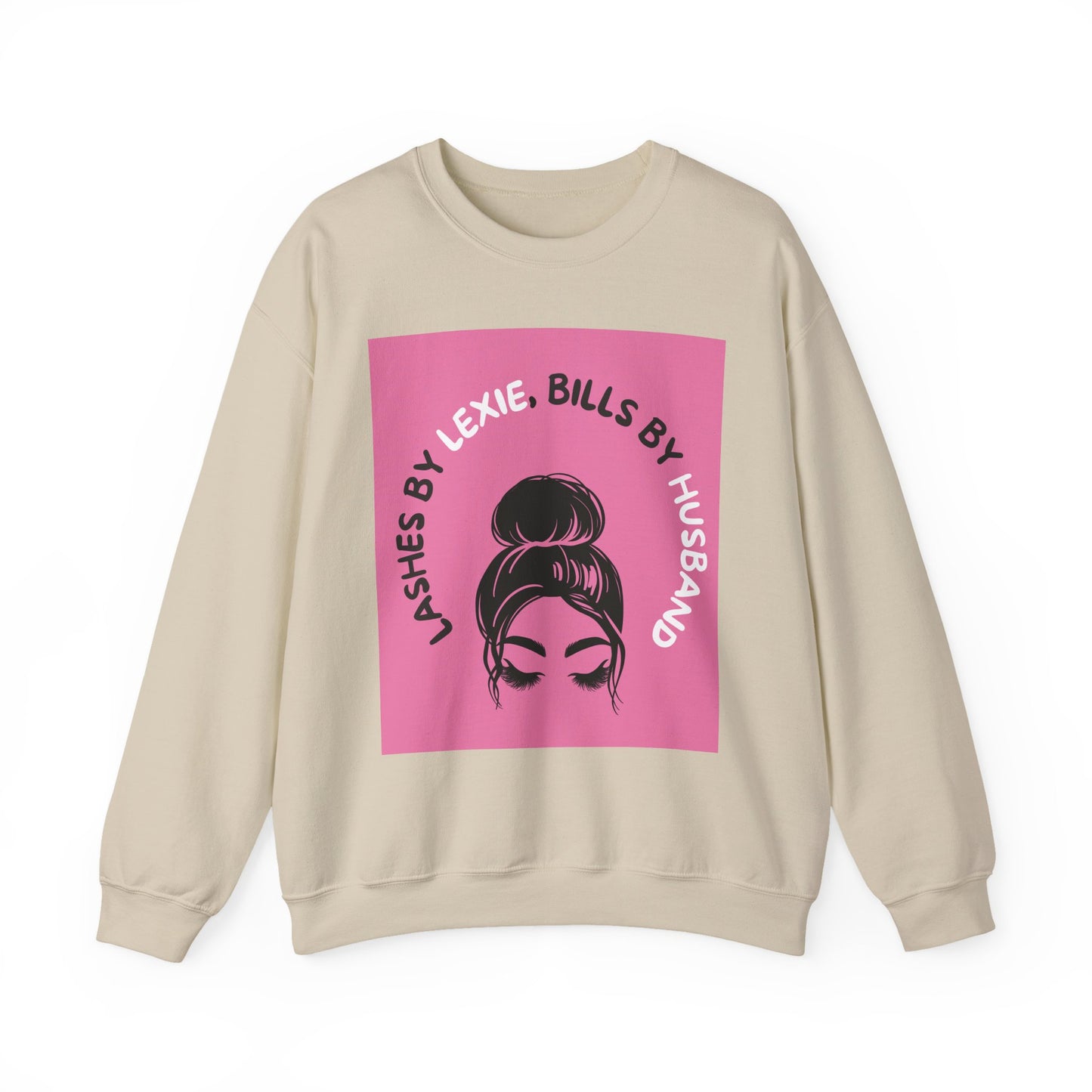Crewneck Sweatshirt — 'Lashes by Lexie, Bills by Husband' Pink Graphic Crewneck