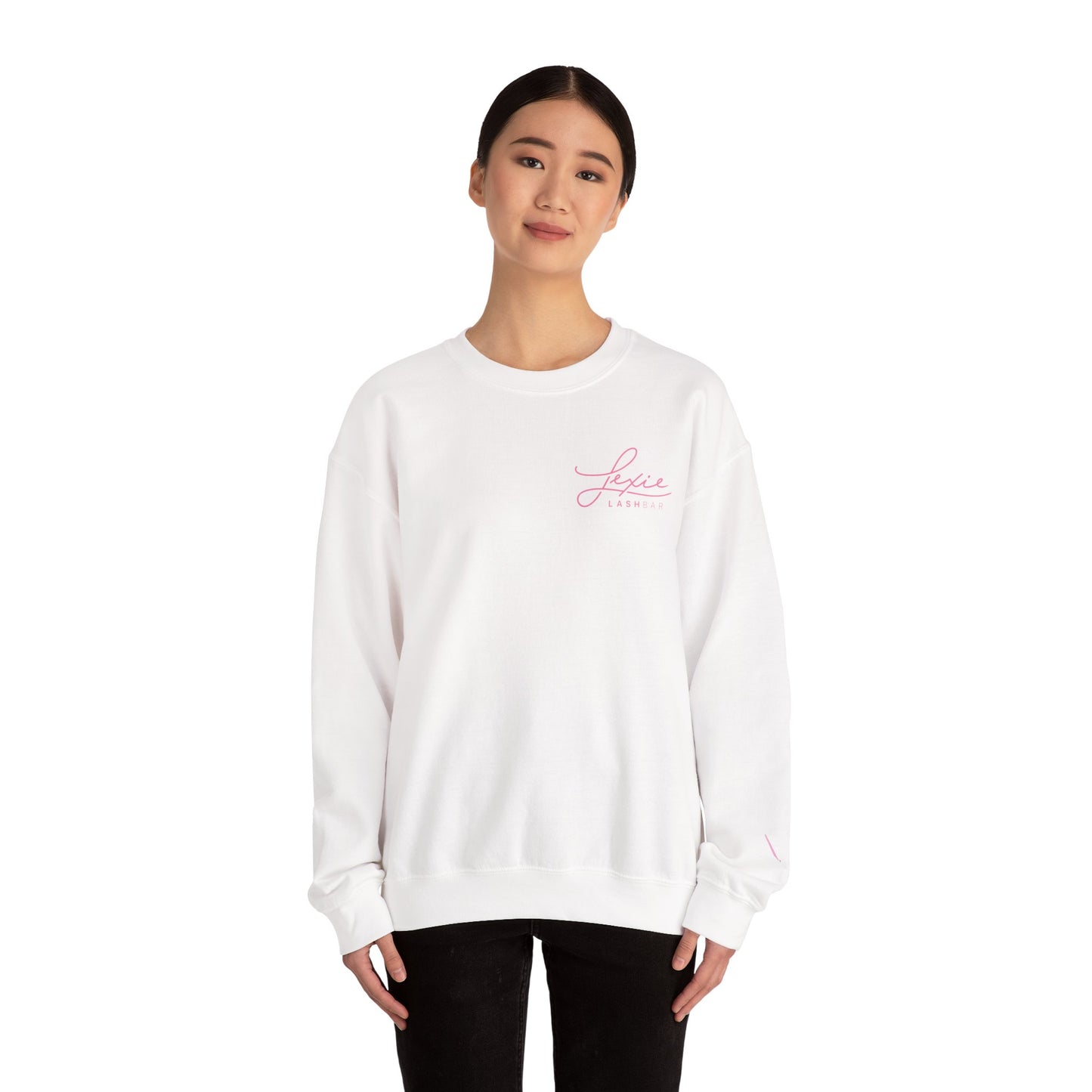 Lashbar Logo Crewneck Sweatshirt — White with Pink "Lexie Lashbar" Script