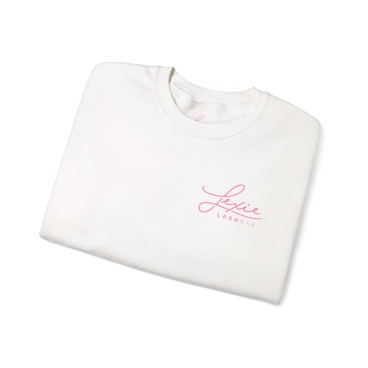 Lashbar Logo Crewneck Sweatshirt — White with Pink "Lexie Lashbar" Script