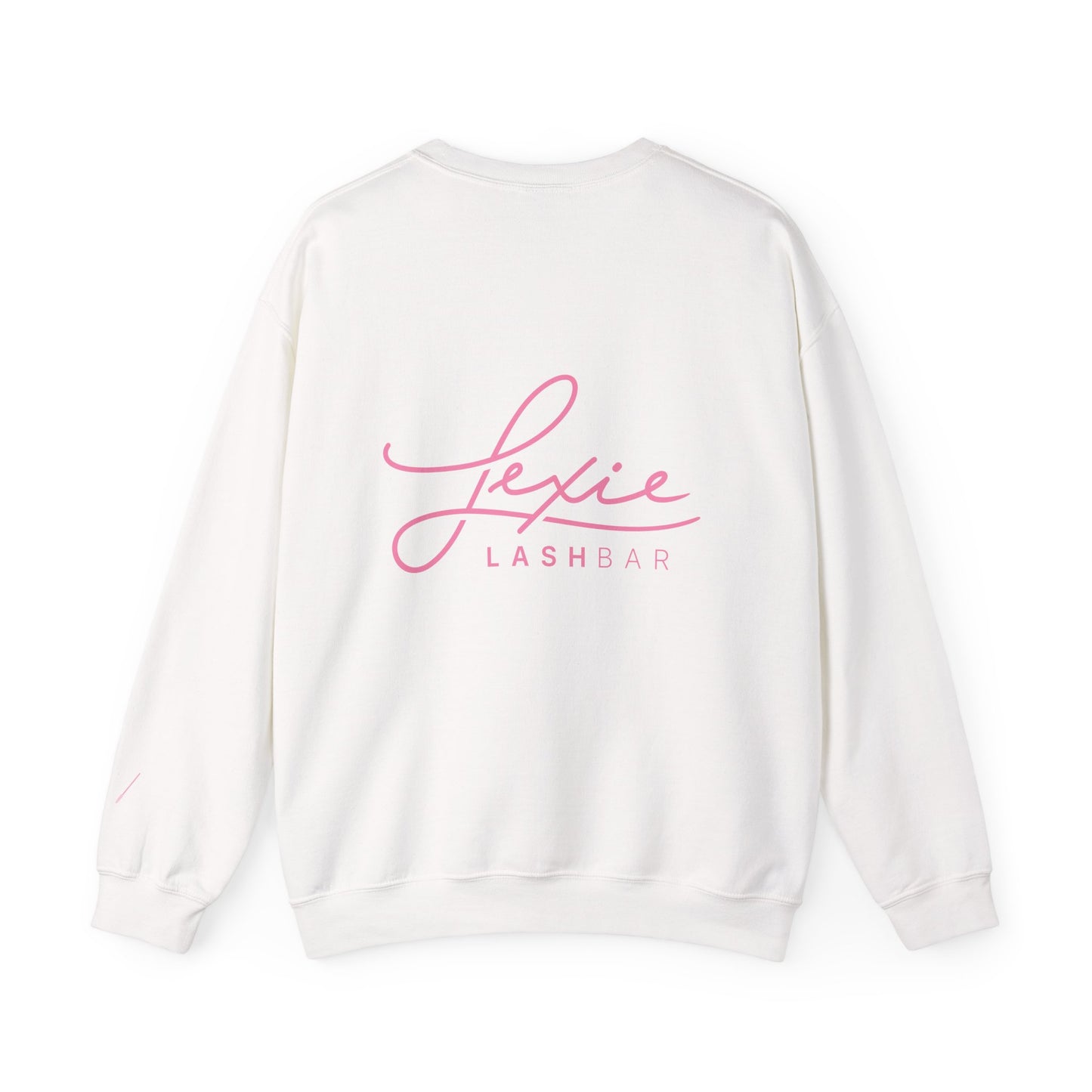 Lashbar Logo Crewneck Sweatshirt — White with Pink "Lexie Lashbar" Script