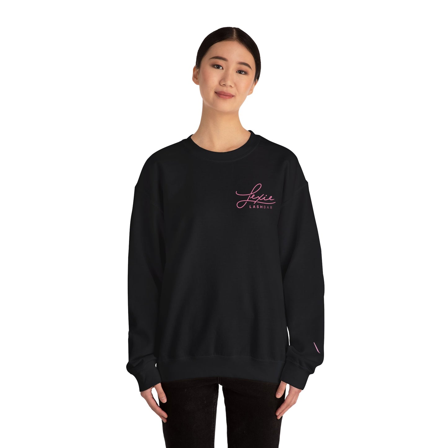 Lashbar Logo Crewneck Sweatshirt — White with Pink "Lexie Lashbar" Script
