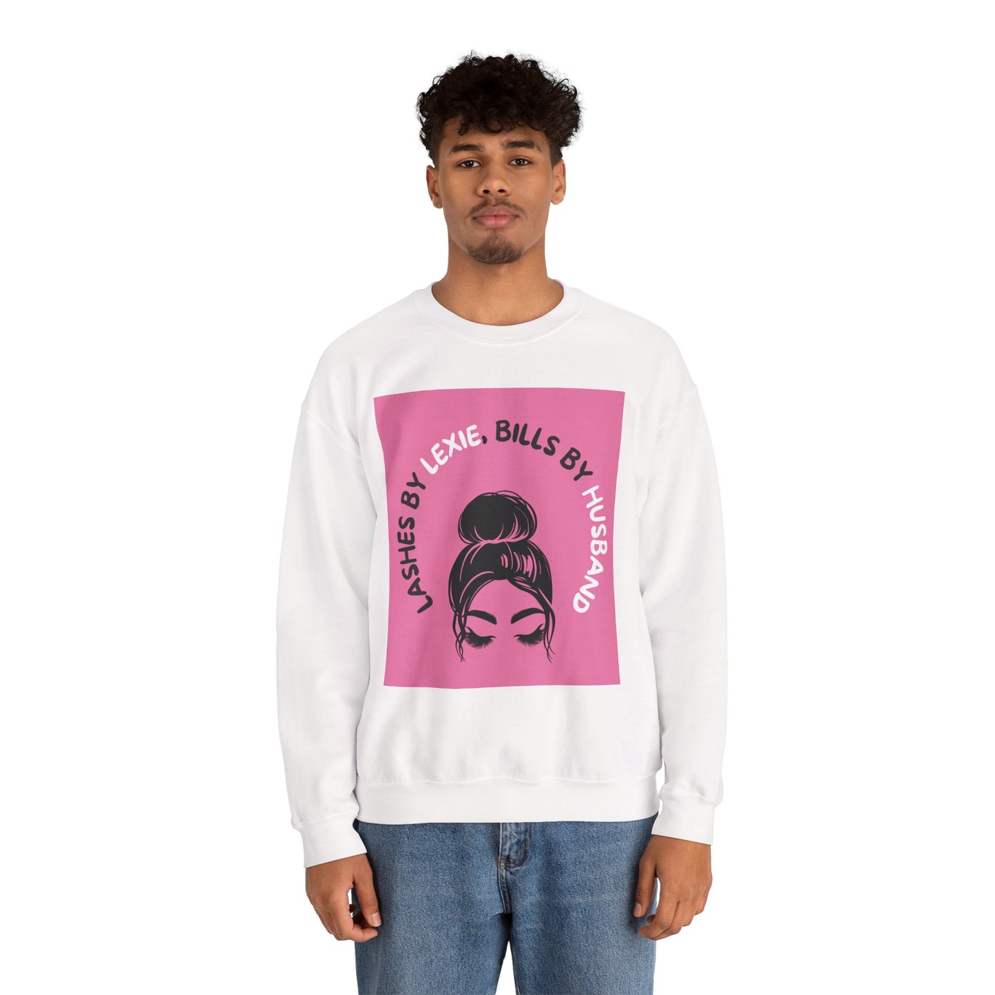 Crewneck Sweatshirt — 'Lashes by Lexie, Bills by Husband' Pink Graphic Crewneck