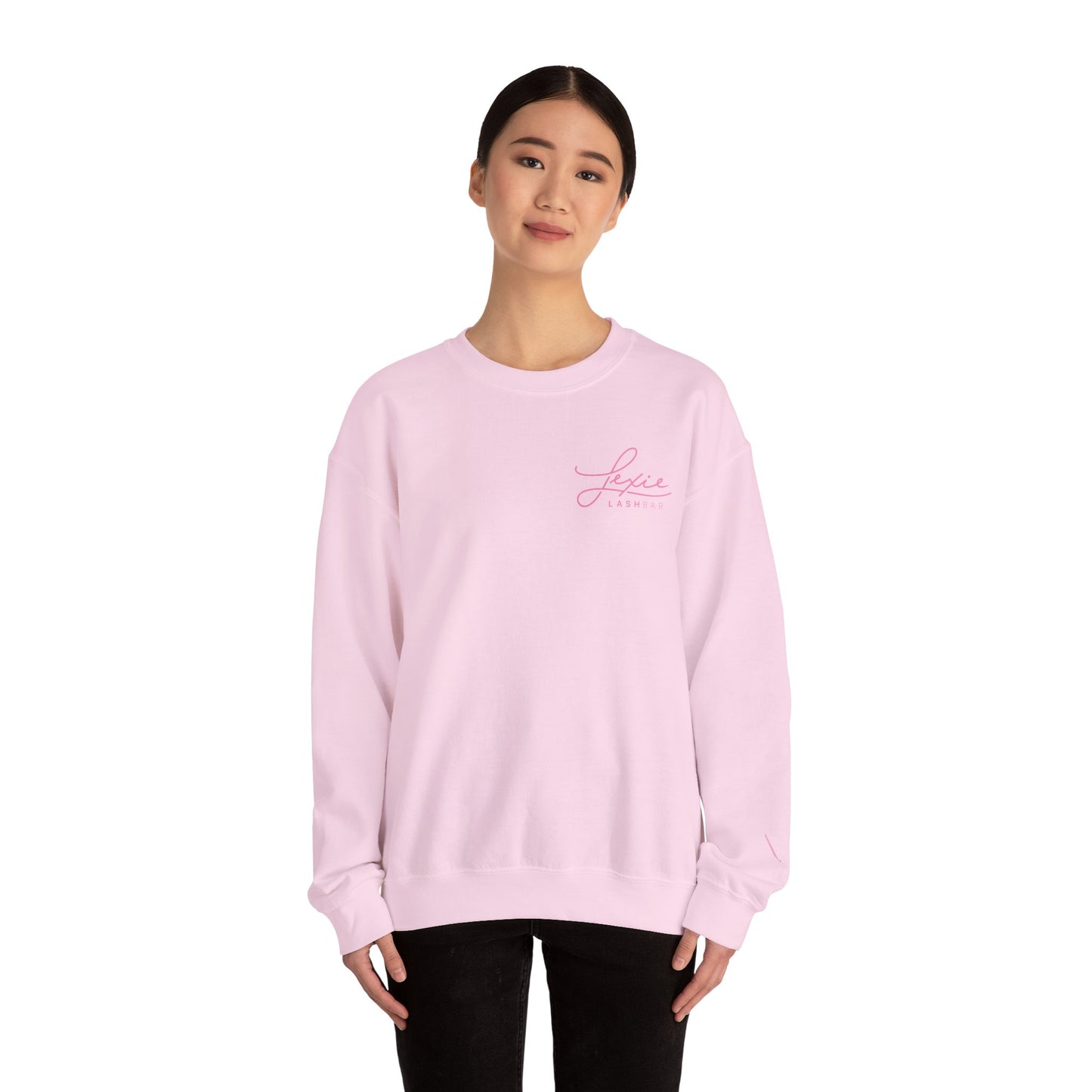 Lashbar Logo Crewneck Sweatshirt — White with Pink "Lexie Lashbar" Script