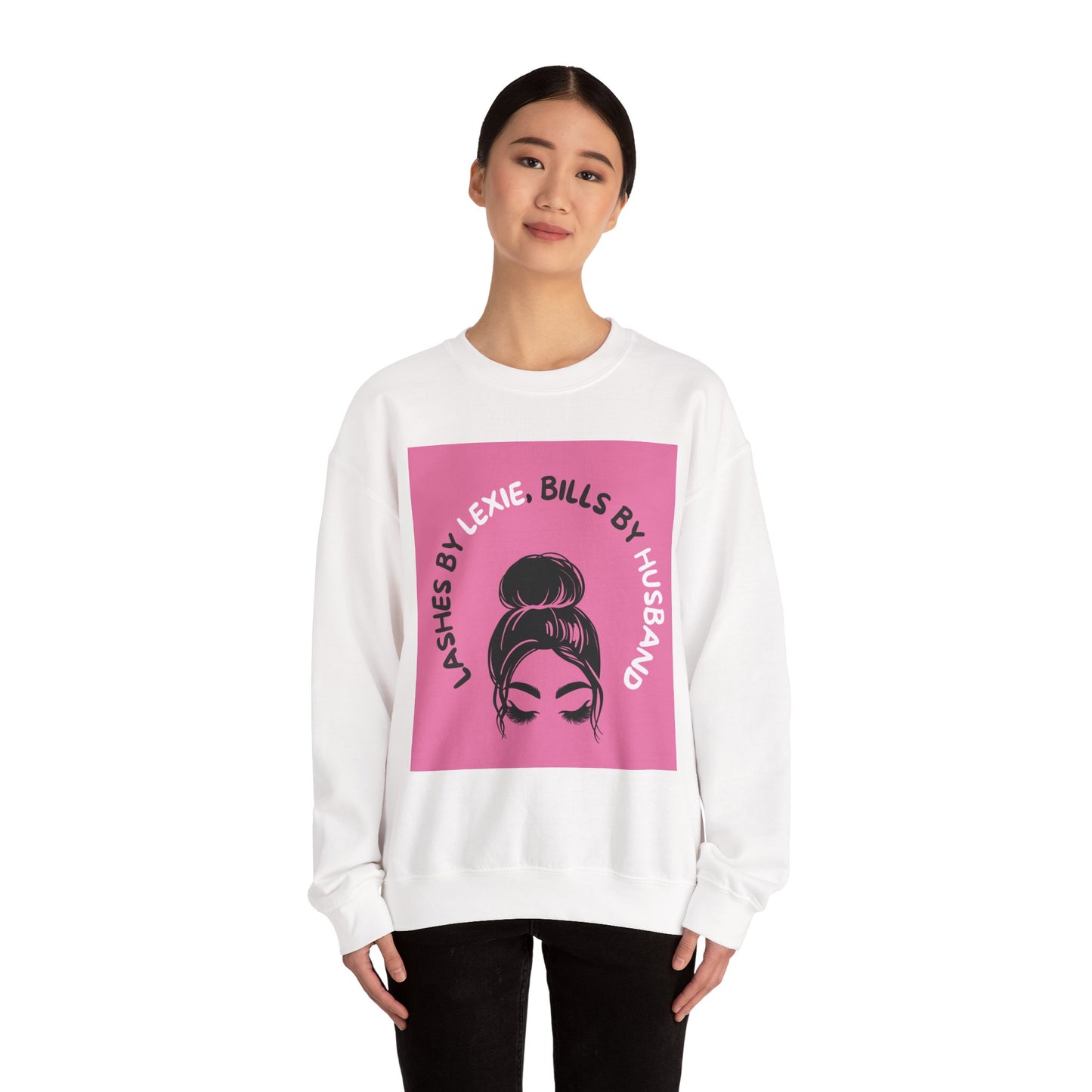 Crewneck Sweatshirt — 'Lashes by Lexie, Bills by Husband' Pink Graphic Crewneck