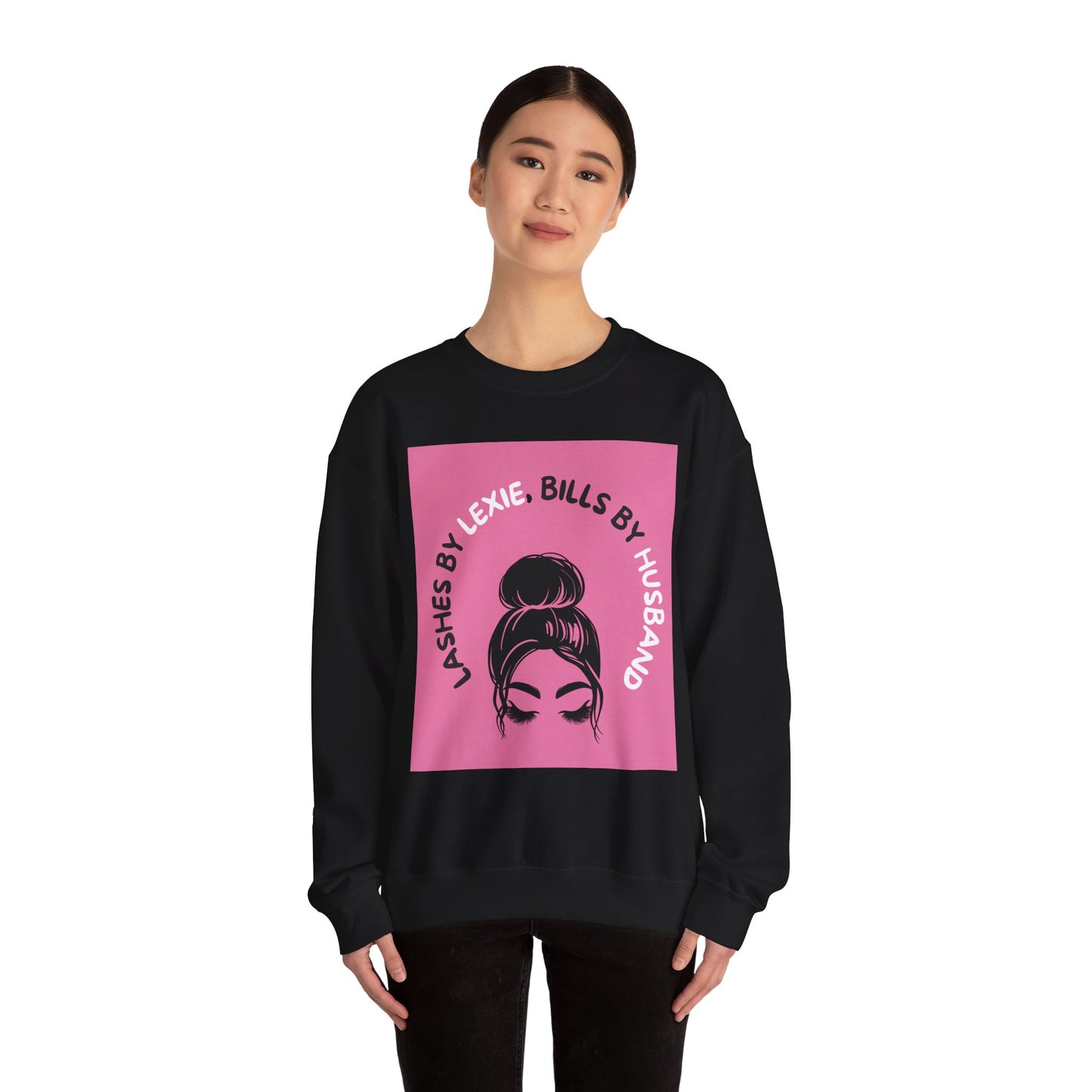 Crewneck Sweatshirt — 'Lashes by Lexie, Bills by Husband' Pink Graphic Crewneck