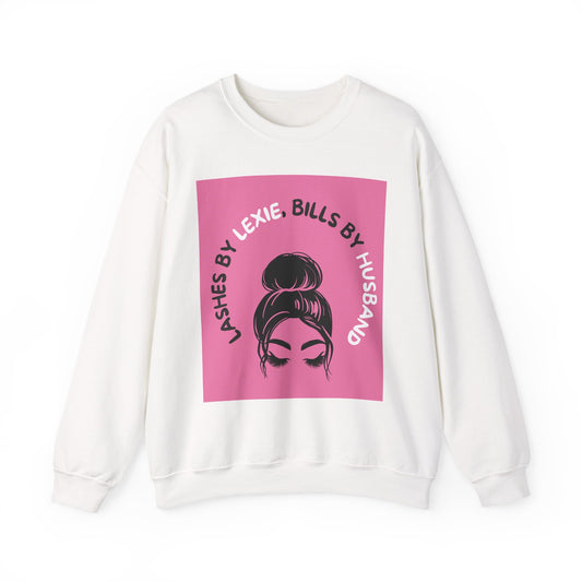 Crewneck Sweatshirt — 'Lashes by Lexie, Bills by Husband' Pink Graphic Crewneck