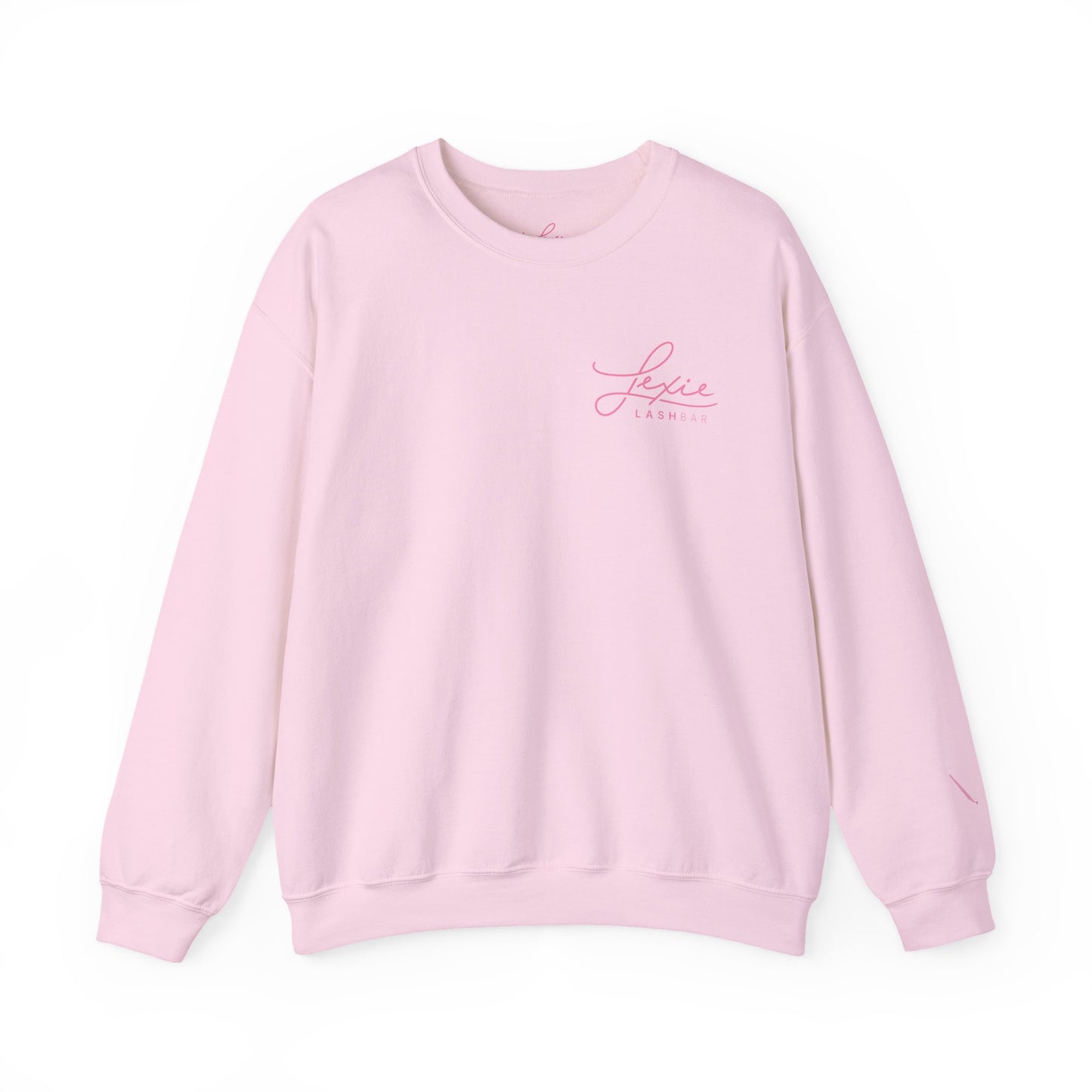 Lashbar Logo Crewneck Sweatshirt — White with Pink "Lexie Lashbar" Script